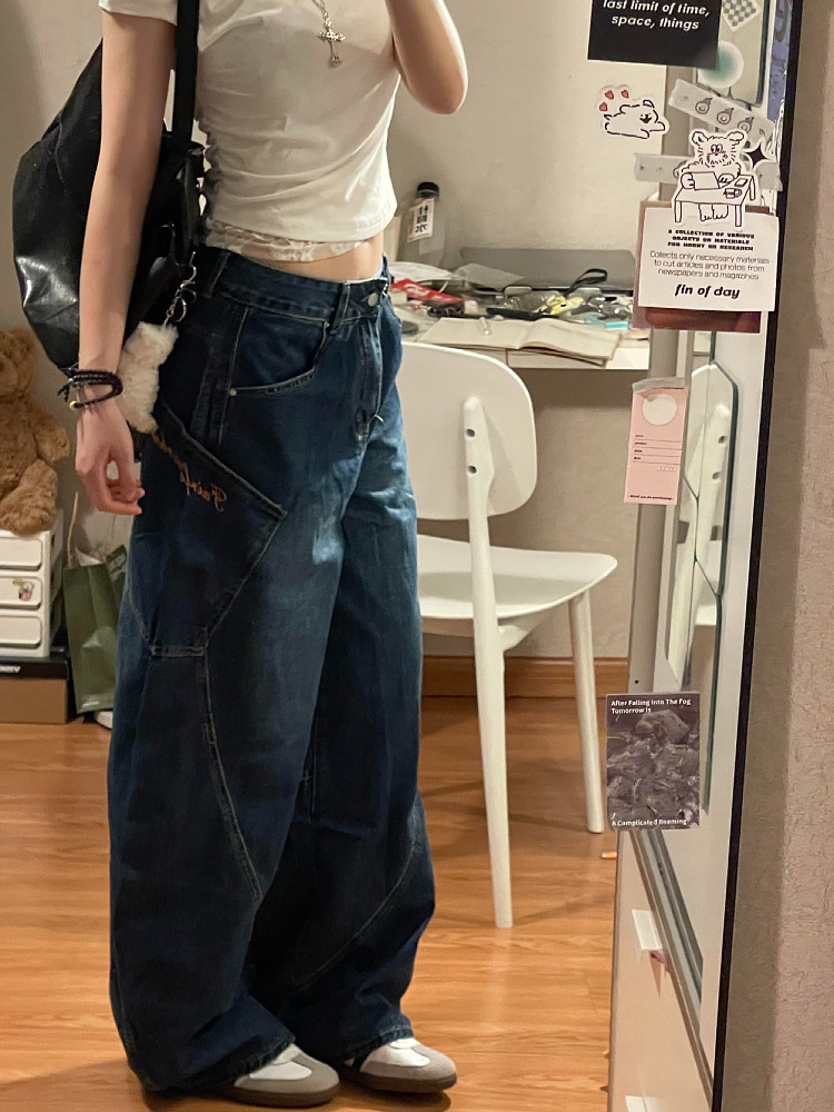 남성과 여성을 위한 대형 미국 복고풍 입체 실루엣 초승달 모양의 청바지 틈새 디자인 루즈한 와이드 레그 바닥 길이 바지 트렌디