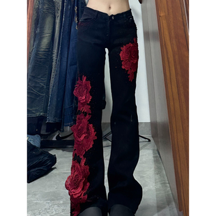 显瘦拖地裤 女设计感玫瑰拼接y2k辣妹修身 复古黑色微喇牛仔裤 美式