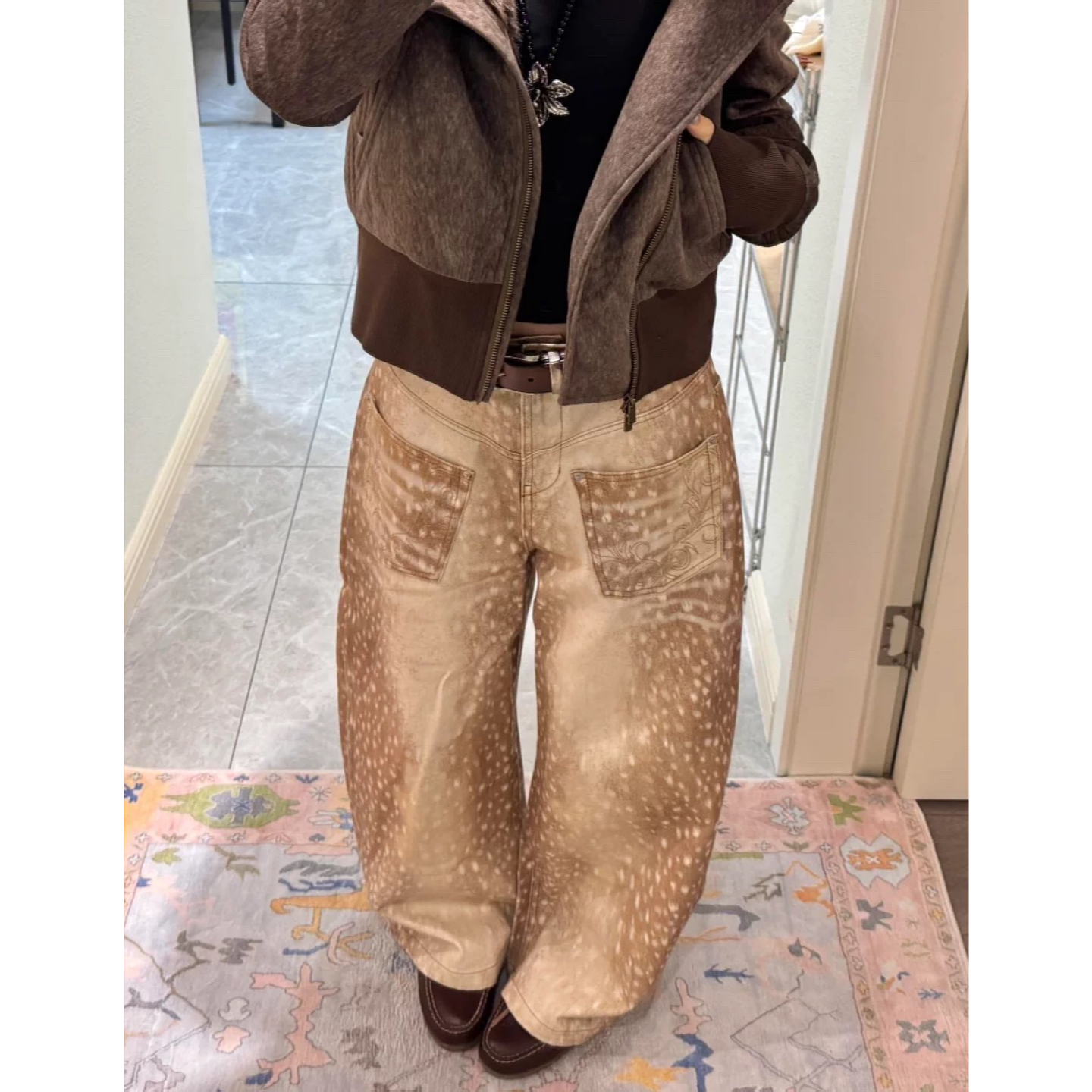 大码美式复古水洗小鹿纹印花裤