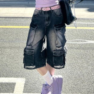 大码美式复古水洗磨白破洞牛仔七分裤男女夏季宽松阔腿工装中裤潮