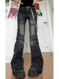 显瘦长裤 大码 女千禧辣妹修身 亚文化复古水洗印花微喇叭牛仔裤 美式