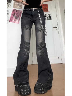 大码美式亚比复古印花微喇牛仔裤