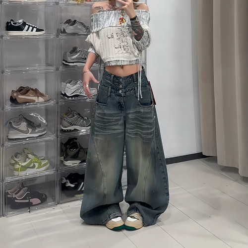 大码复古做旧阔腿拖地牛仔裤女