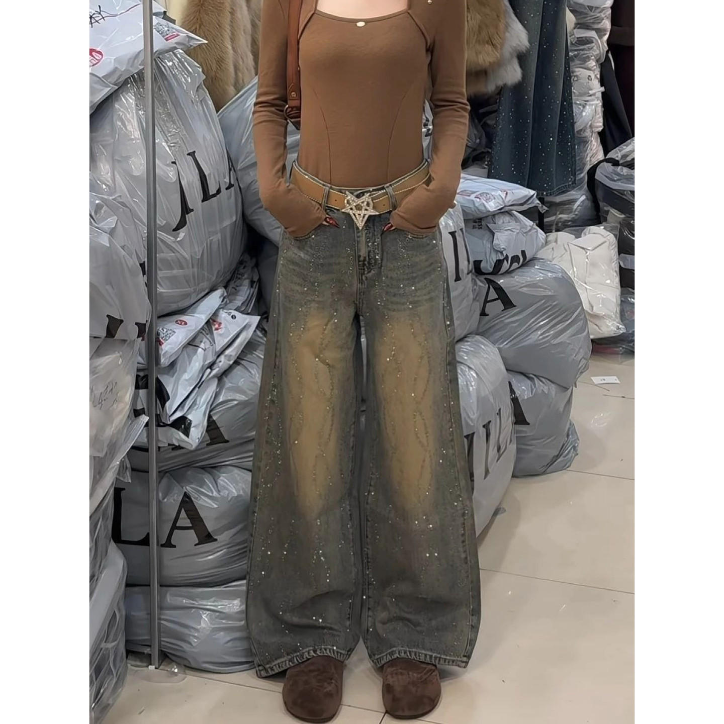 大码美式复古水洗做旧重工亮钻牛仔裤女辣妹设计感宽松阔腿拖地裤,女装/女士精品,大码裤装,淘宝优惠券,粉丝福利购,淘宝优惠卷