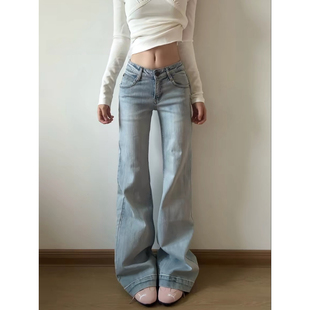 显瘦微喇长裤 大码 女高街辣妹低腰修身 复古浅蓝色竹节纹牛仔裤 美式