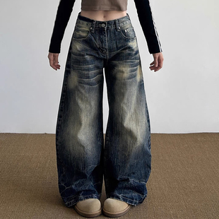 男女街头做旧直筒宽松阔腿长裤 复古水洗渐变弯刀牛仔裤 潮 美式 大码