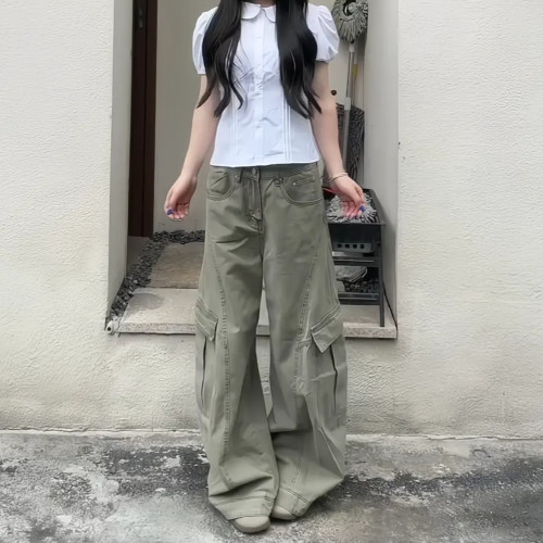 大码美式复古工装阔腿牛仔裤女