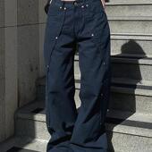 美式 复古铆钉拼接设计分割牛仔裤 女秋季 大码 宽松休闲直筒阔腿长裤