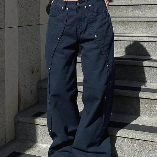 大码美式复古铆钉分割牛仔裤宽松