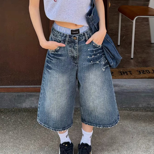 大码美式复古镶钻设计竹节牛仔七分裤男女夏季水洗宽松阔腿中裤潮