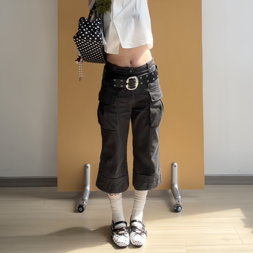 大码美式复古做旧工装七分裤女