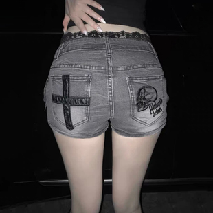 大码美式复古水洗口袋十字贴皮骷髅刺绣牛仔短裤夏季辣妹y2k热裤