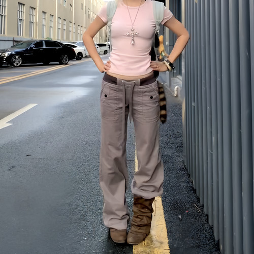 大码美式复古低腰微喇工装裤女