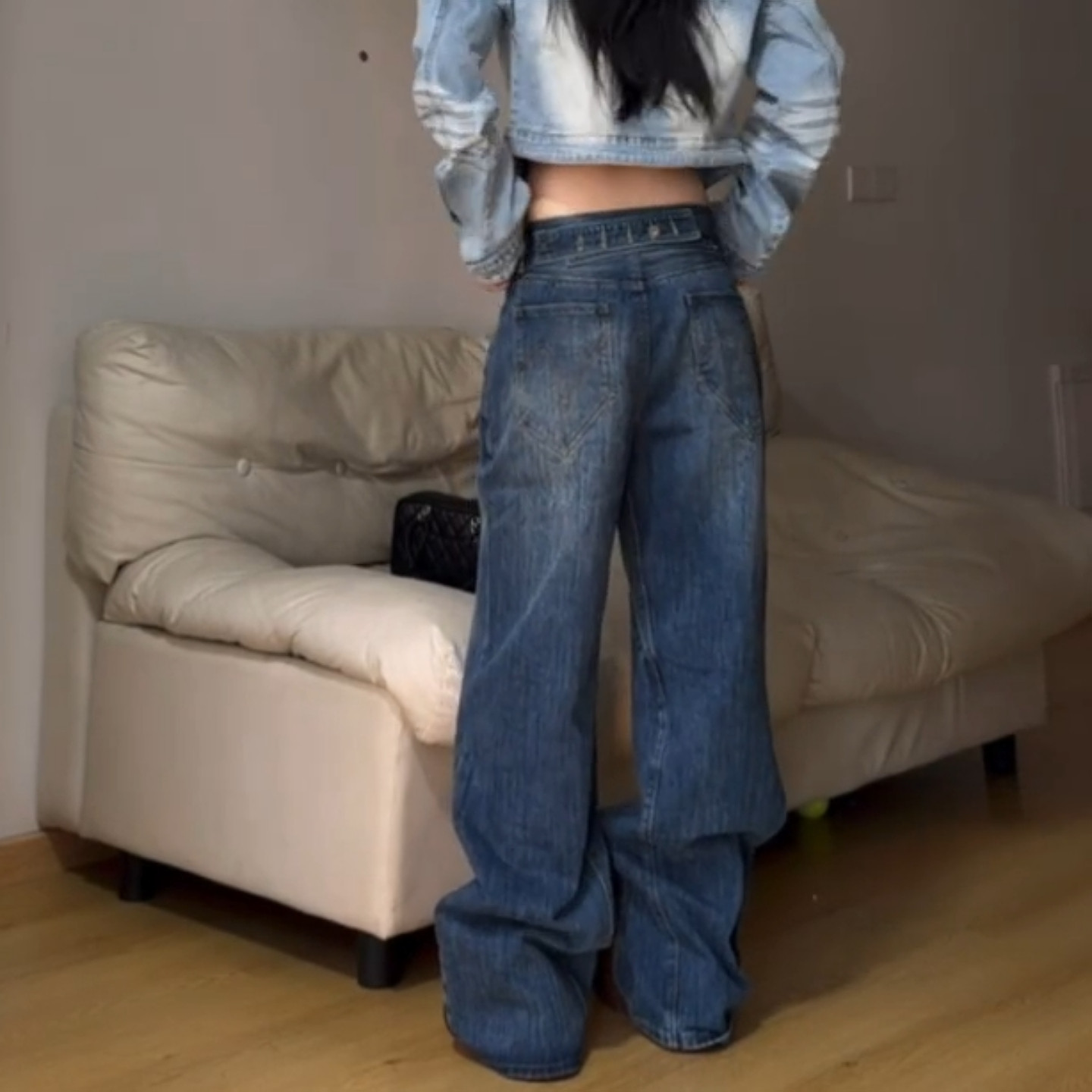 美式大码复古后背调节扣牛仔裤男女高街设计感宽松直筒显瘦阔腿裤,女装/女士精品,大码裤装,淘宝优惠券,粉丝福利购,淘宝优惠卷