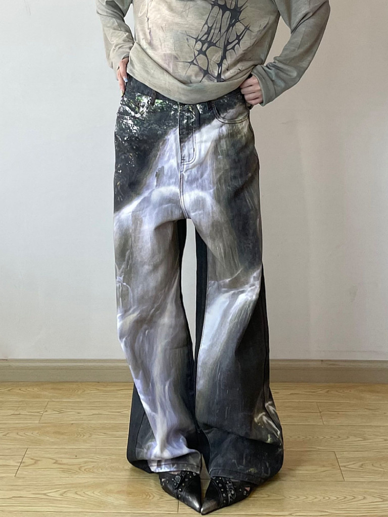 대형 아메리칸 스트리트 헤비듀티 워시 폭포 프린트 청바지 여성 디자인 루즈 캐주얼 와이드 레그 바지 트렌디