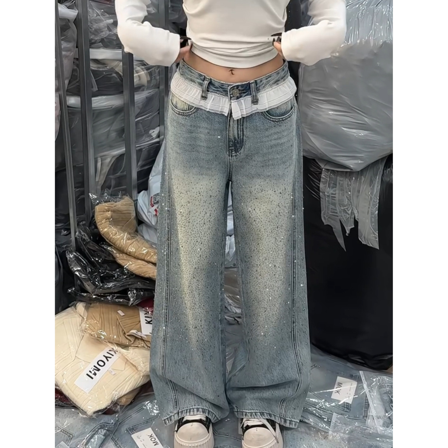 大码美式复古蕾丝拼接烫钻牛仔裤女辣妹设计感宽松显瘦阔腿拖地裤,女装/女士精品,大码裤装,淘宝优惠券,粉丝福利购,淘宝优惠卷