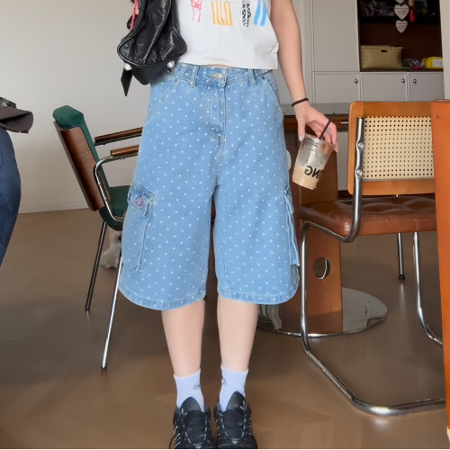 大码美式复古波点工装牛仔七分裤