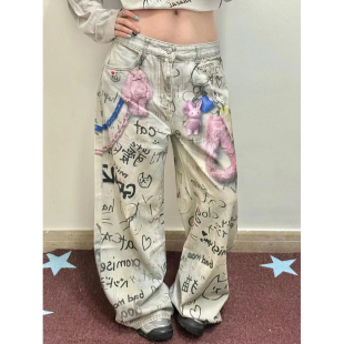 大码美式复古个性涂鸦印花牛仔裤女秋冬季新款街头风潮流阔腿长裤