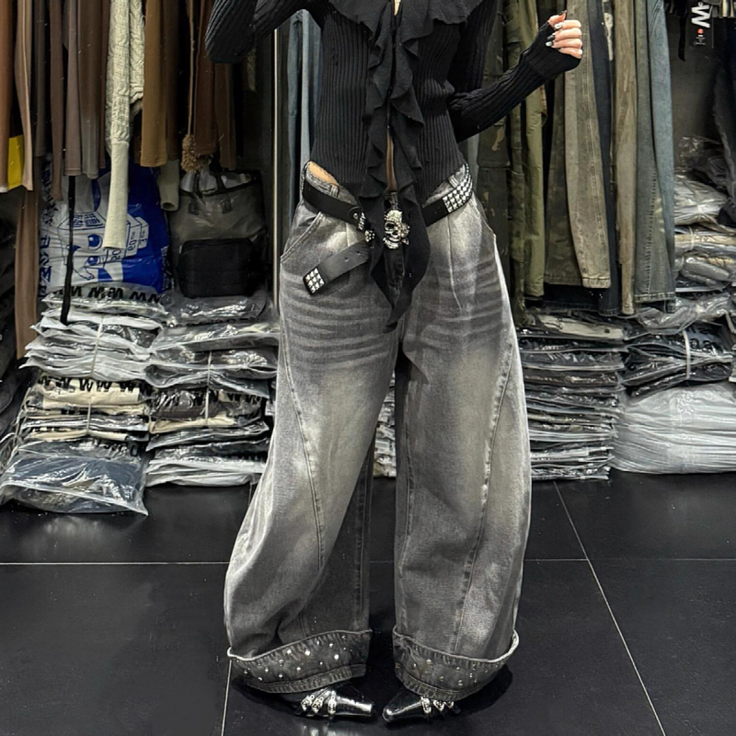 大码美式复古烫钻拼接解构弯刀牛仔裤女街头辣妹宽松显瘦阔腿长裤,女装/女士精品,大码裤装,淘宝优惠券,粉丝福利购,淘宝优惠卷