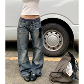 美式 女低腰直筒宽松显瘦垂感休闲裤 大码 街头水洗复古设计感牛仔裤