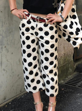大码美式辣妹复古黑白波点微喇七分裤女低腰修身显瘦直筒休闲中裤