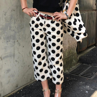 显瘦直筒休闲中裤 大码 女低腰修身 辣妹复古黑白波点微喇七分裤 美式