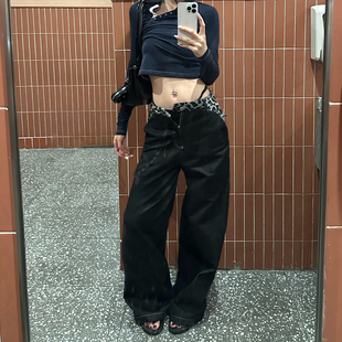 女设计感黑色宽松阔腿拖地长裤 复古豹纹拼接腰头牛仔裤 子 美式 大码