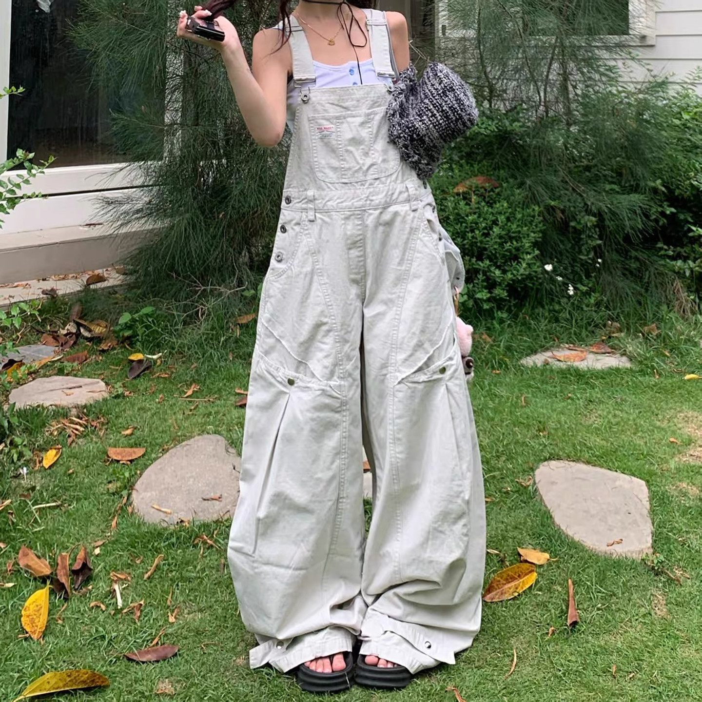 大码美式复古水洗大口袋工装背带裤男女街头宽松直筒休闲阔腿长裤