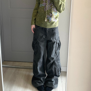 男女宽松直筒休闲阔腿长裤 大码 牛仔裤 复古水洗解构多口袋工装 美式