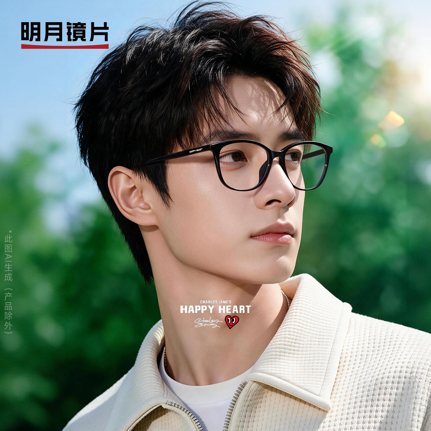 明月查尔斯桃心超轻眼镜框男近视有度数眼睛架镜框黑框圆脸CH2191