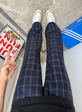 蓝色长裤格子裤男女夏季薄款弯刀美式高街微喇裤子直筒休闲运动裤