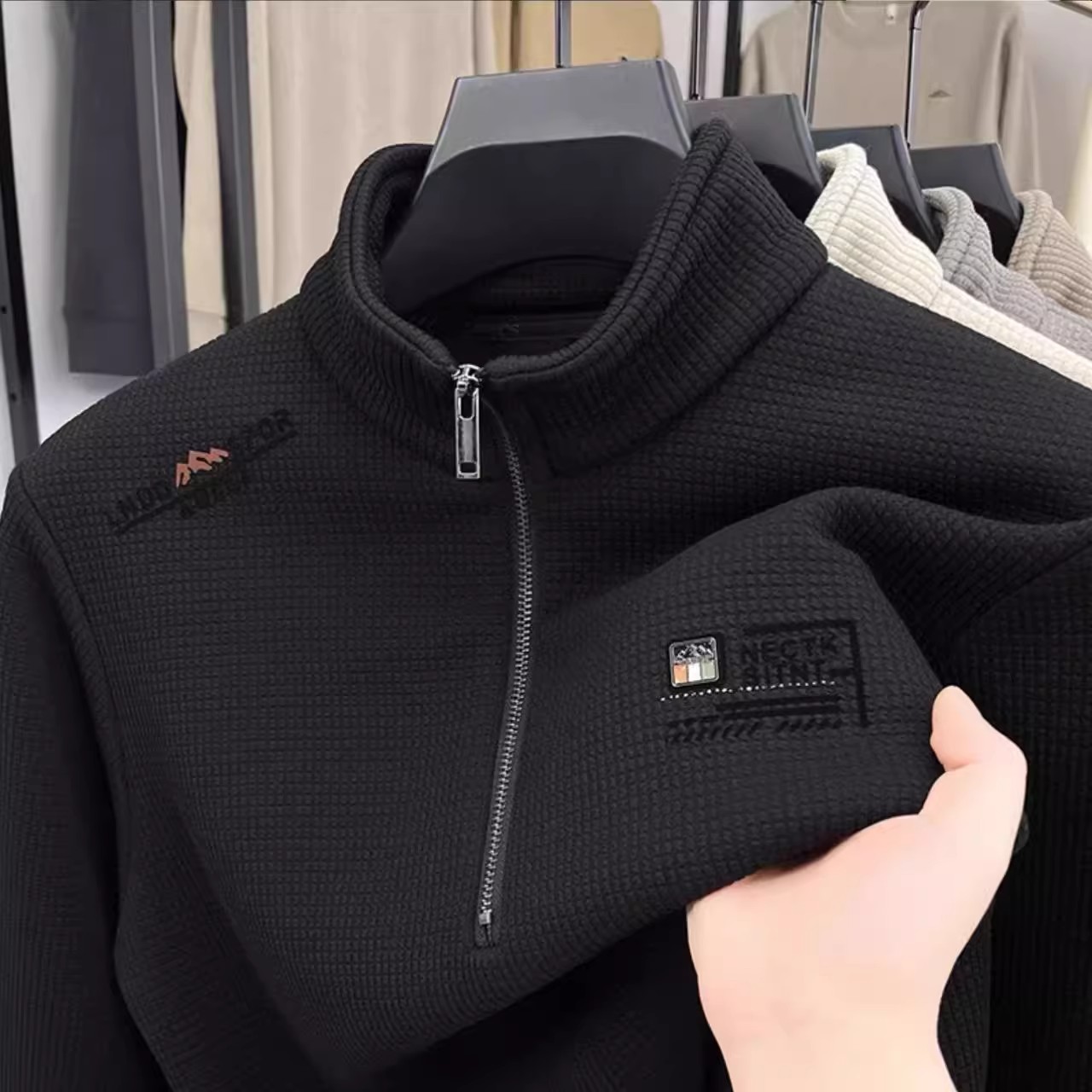 加绒加厚半拉链卫衣男秋