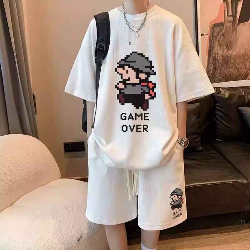 青少年夏季新款休闲运动套装衣服华夫格短裤男学生短袖t恤一套潮