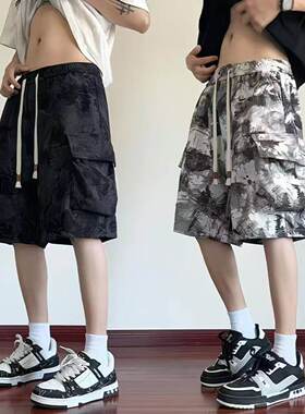 美式黑色工装短裤男款夏季高腰青少年裤子休闲扎染大口袋五分马裤