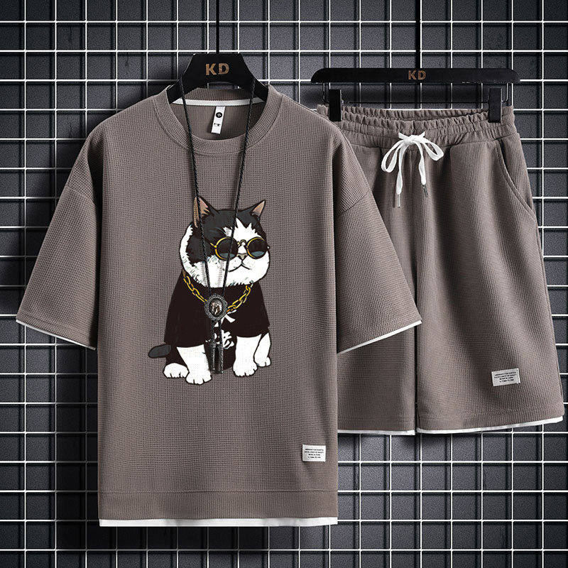 华夫格睡衣男士夏季短袖短裤运动套装休闲运动薄款大码宽松家居服