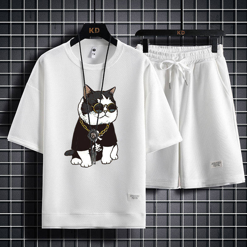 华夫格运动套装男夏季薄款宽松背心短裤睡衣可外穿冰丝短袖家居服