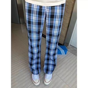 蓝色长裤格子裤男女夏季薄款弯刀美式高街微喇裤子直筒休闲运动裤