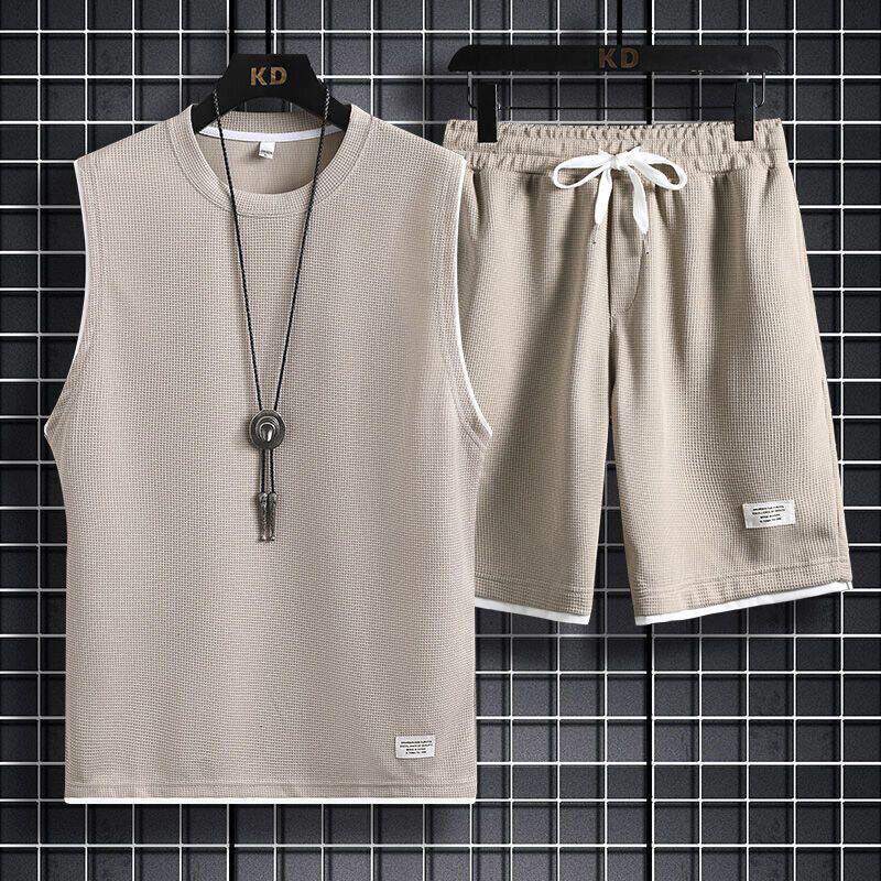 华夫格休闲运动服套装男夏季港风潮牌无袖短裤两件套青少年大码