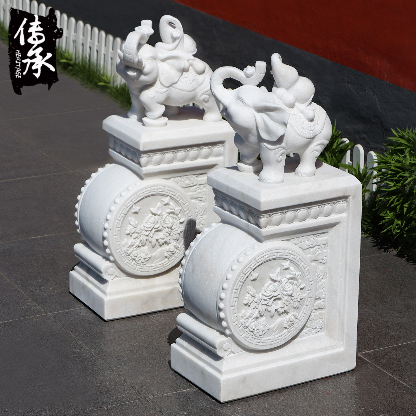 石雕汉白玉大象一对门墩抱鼓石家用石象门口石材摆件门当精品包邮