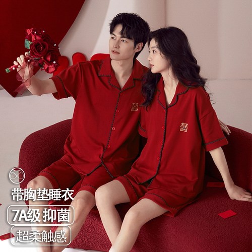 纯棉短袖短裤女红色家居服本命年
