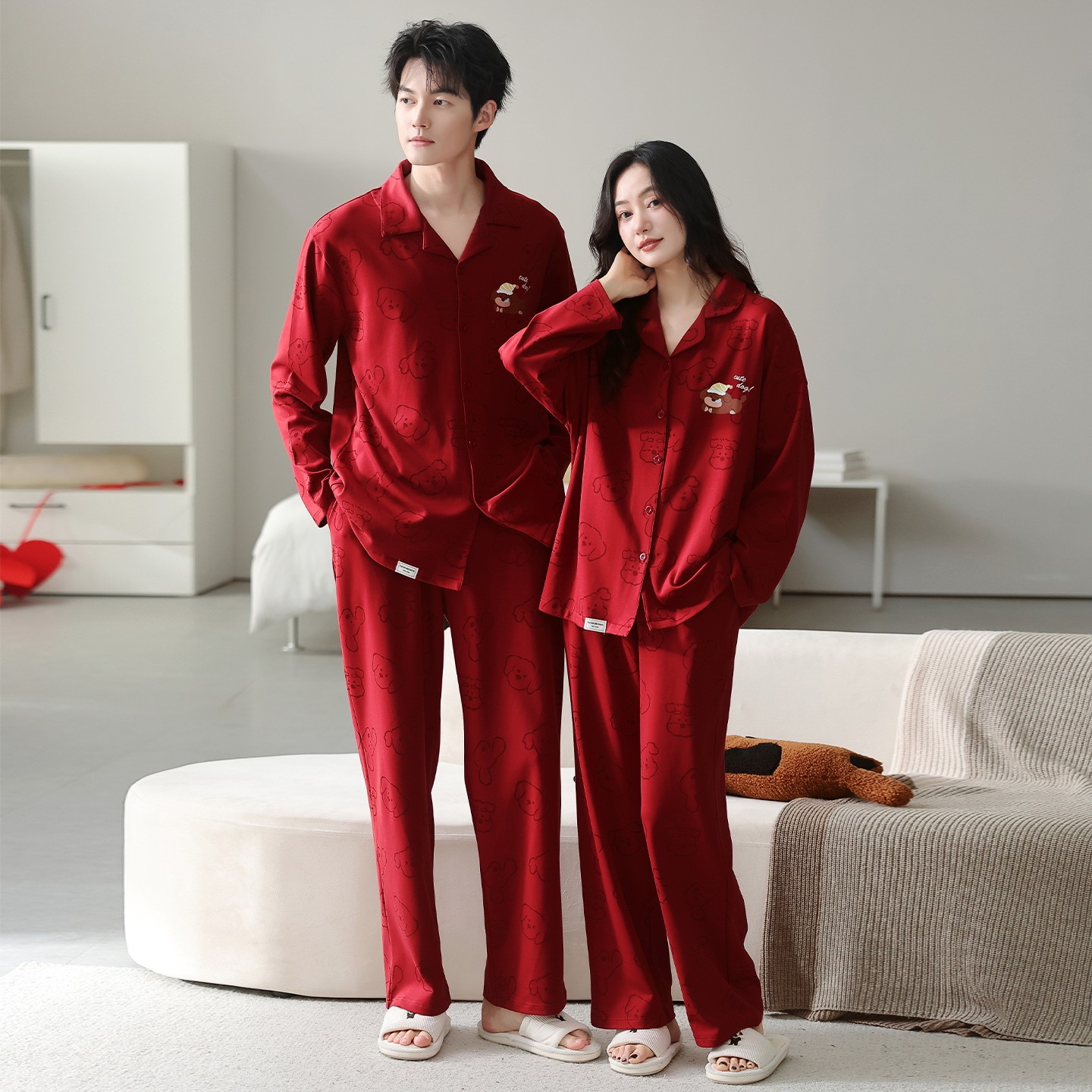 长袖酒红色结婚新婚男女士家居服