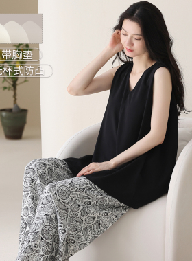 带胸垫纯棉女士睡衣背心纯棉夏季套装可外穿简约休闲运动家居服