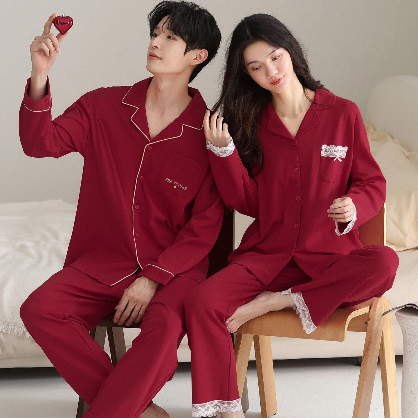 纯棉套装酒红色本命年家居服套装