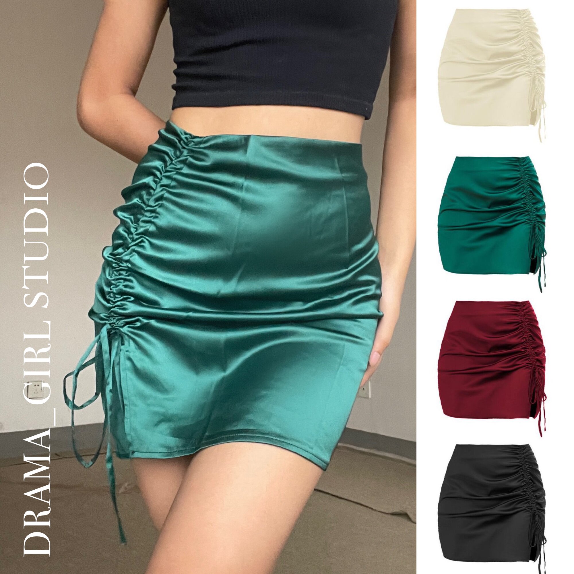 抽褶设计，抓马纯色优雅抽绳包臀裙欧美性感高腰拉链缎面半身裙女