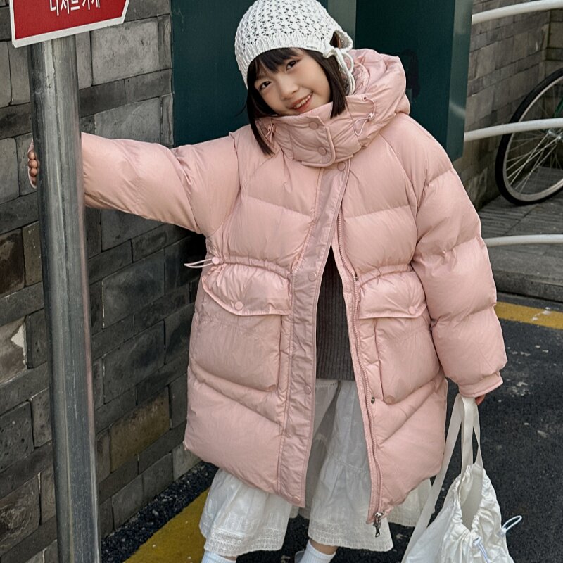 韩版洋气女童保暖羽绒服冬装新款杜邦三防中长款大童连帽鸭绒外套