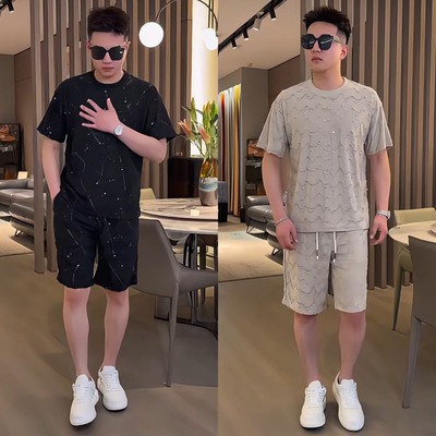 春夏新款男破洞满天星时尚两件套