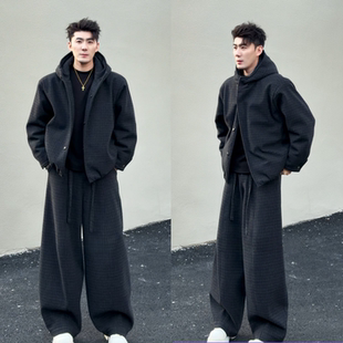 韩系气质格纹休闲套装冬季新款男士时尚高级感连帽卫衣长裤两件套
