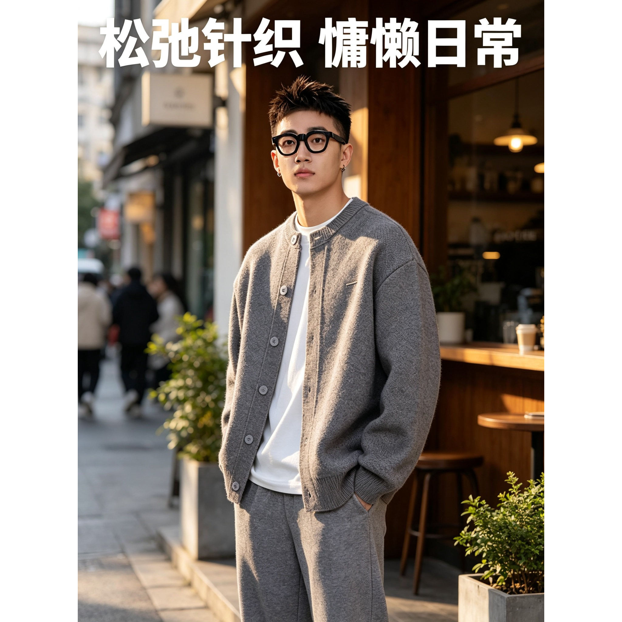 格慕百搭老钱风开衫毛衣外套男2026秋冬纯色宽松商务休闲针织衫