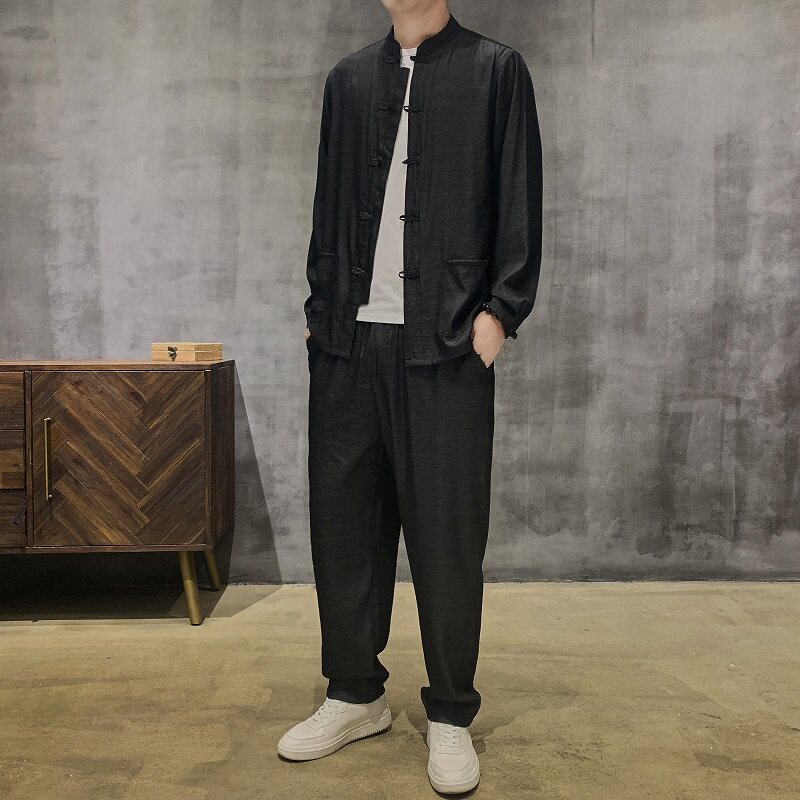 중장년층을 위한 고급 드레이피 수트 트렌디한 중국풍 복고 자켓 중국풍 데님 탕수트 자켓 아빠옷