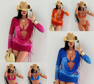 跨境泳衣女新款ins欧美拼色网纱长袖沙滩裙欧美性感比基尼泳装